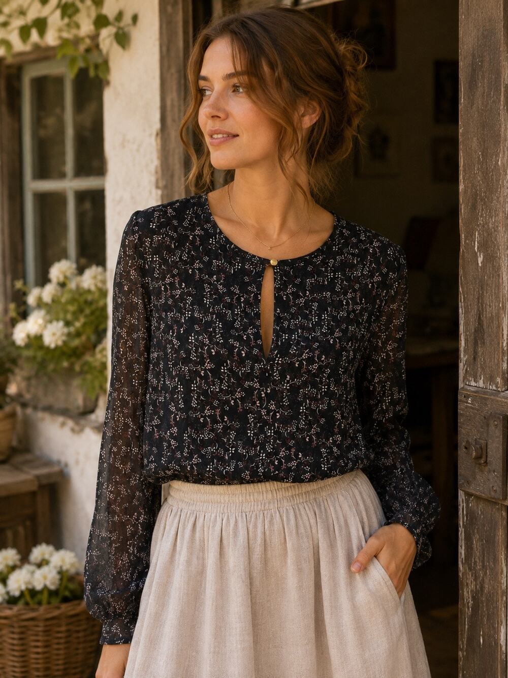 Sezane Black Floral Crepe Long Sleeve Keyhole Blouse Romantic Parisian Size 40